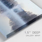 Close-up view of wrapped canvas corner featuring misty water landscape photograph.