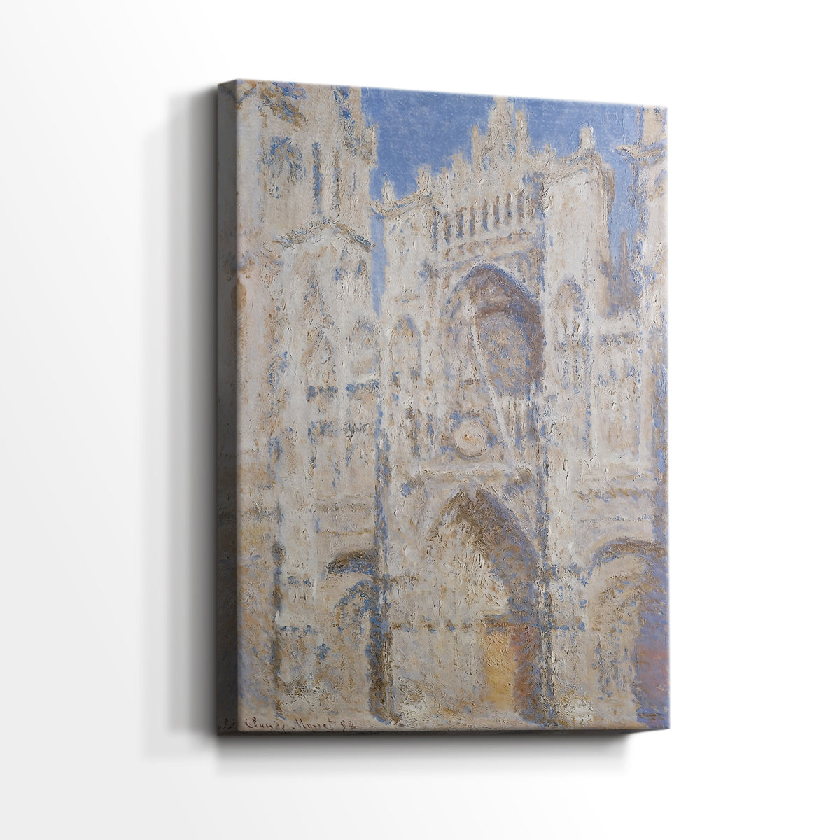Side view of a canvas art print of a detailed façade with soft color variations and shadow, showing gallery-wrapped depth.