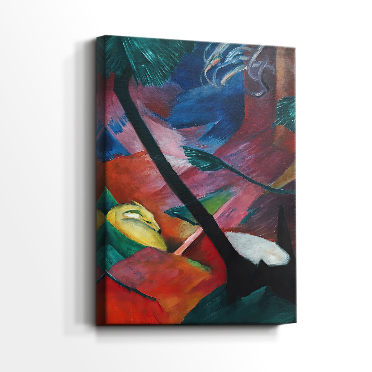 Side view of a canvas art print of a vivid composition with deer and layered color fields, showing gallery-wrapped depth.