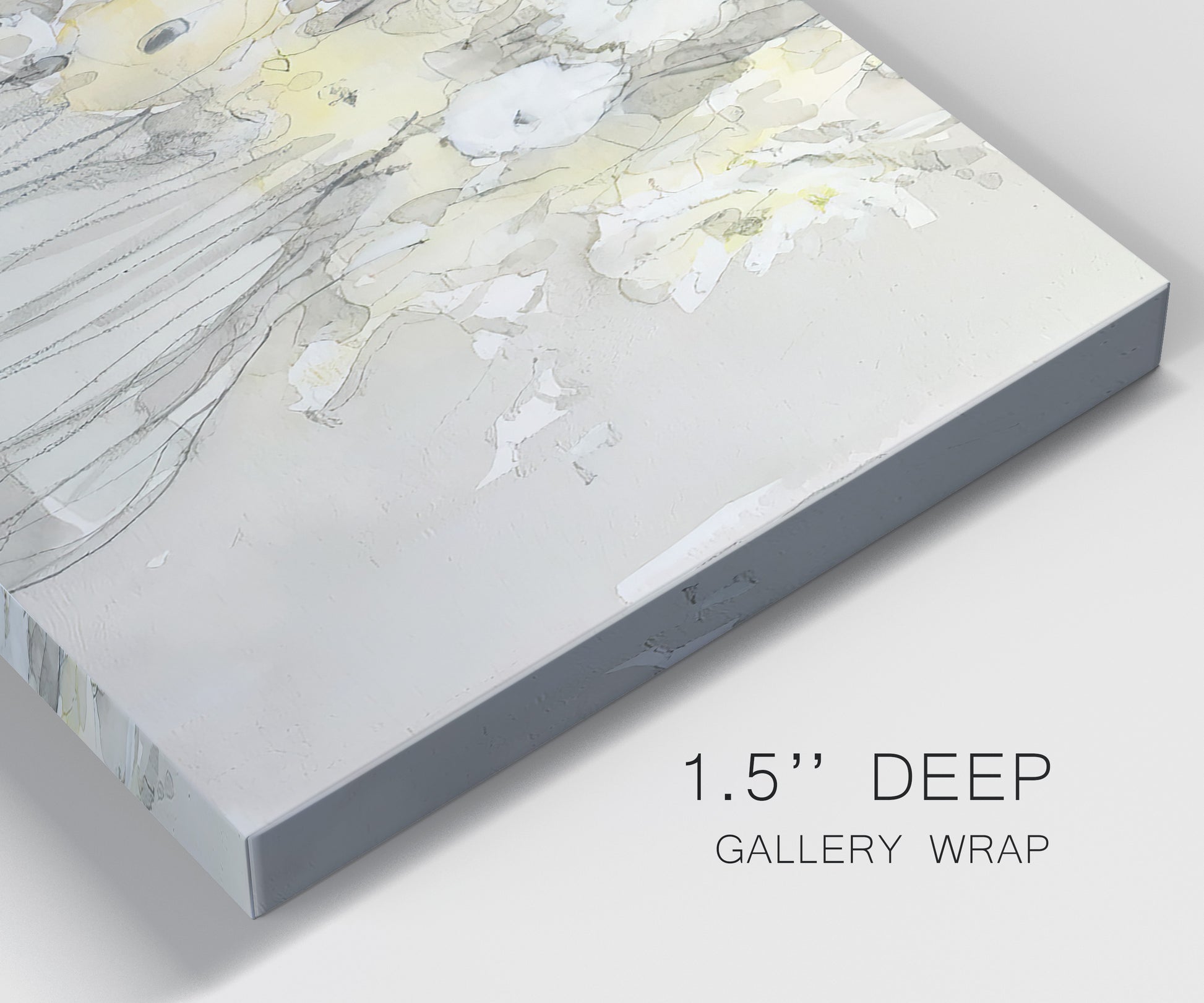 Close-up view of wrapped canvas corner featuring vintage floral abstract composition.