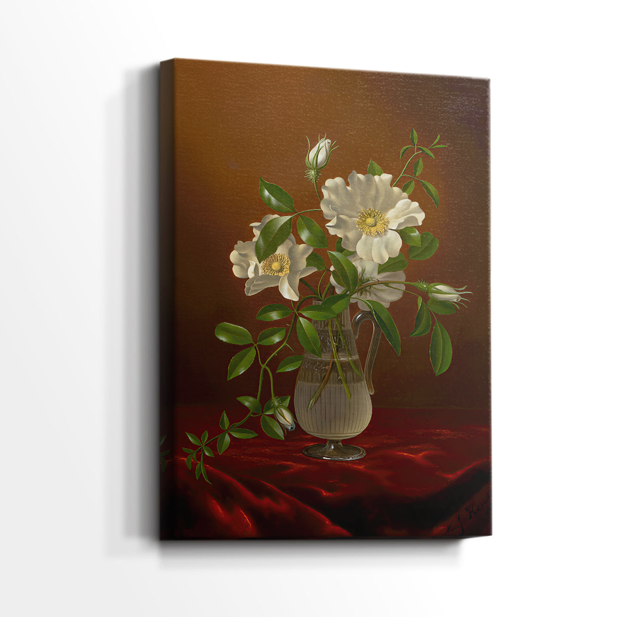 Side view of a canvas art print of a refined composition with blossoms and transparent glass, showing gallery-wrapped depth.