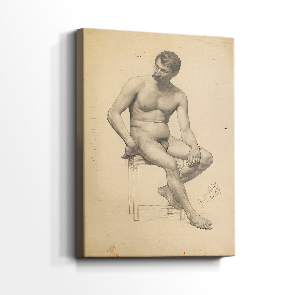 Side view of a canvas art print of a simple anatomical study with natural posture, showing gallery-wrapped depth.