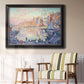 Impressionist Mediterranean harbor painting by Paul Signac in an ornate black frame with gilded inner detail displayed in a light-toned interior setting.