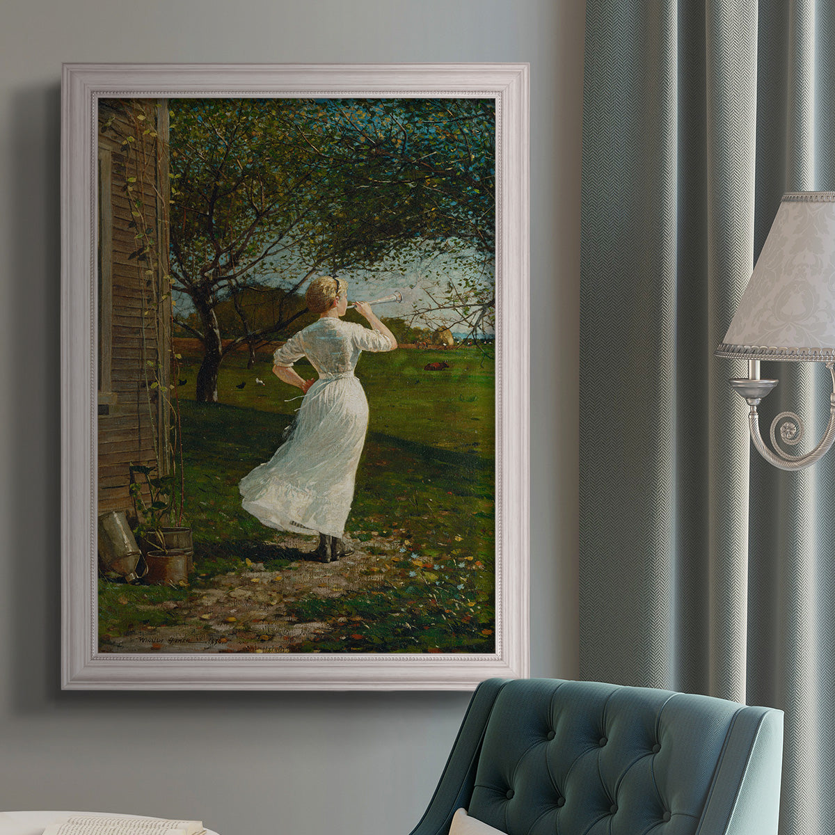 Narrative religious genre scene by Winslow Homer in an {frame_style_descriptor} displayed in a neutral interior setting.