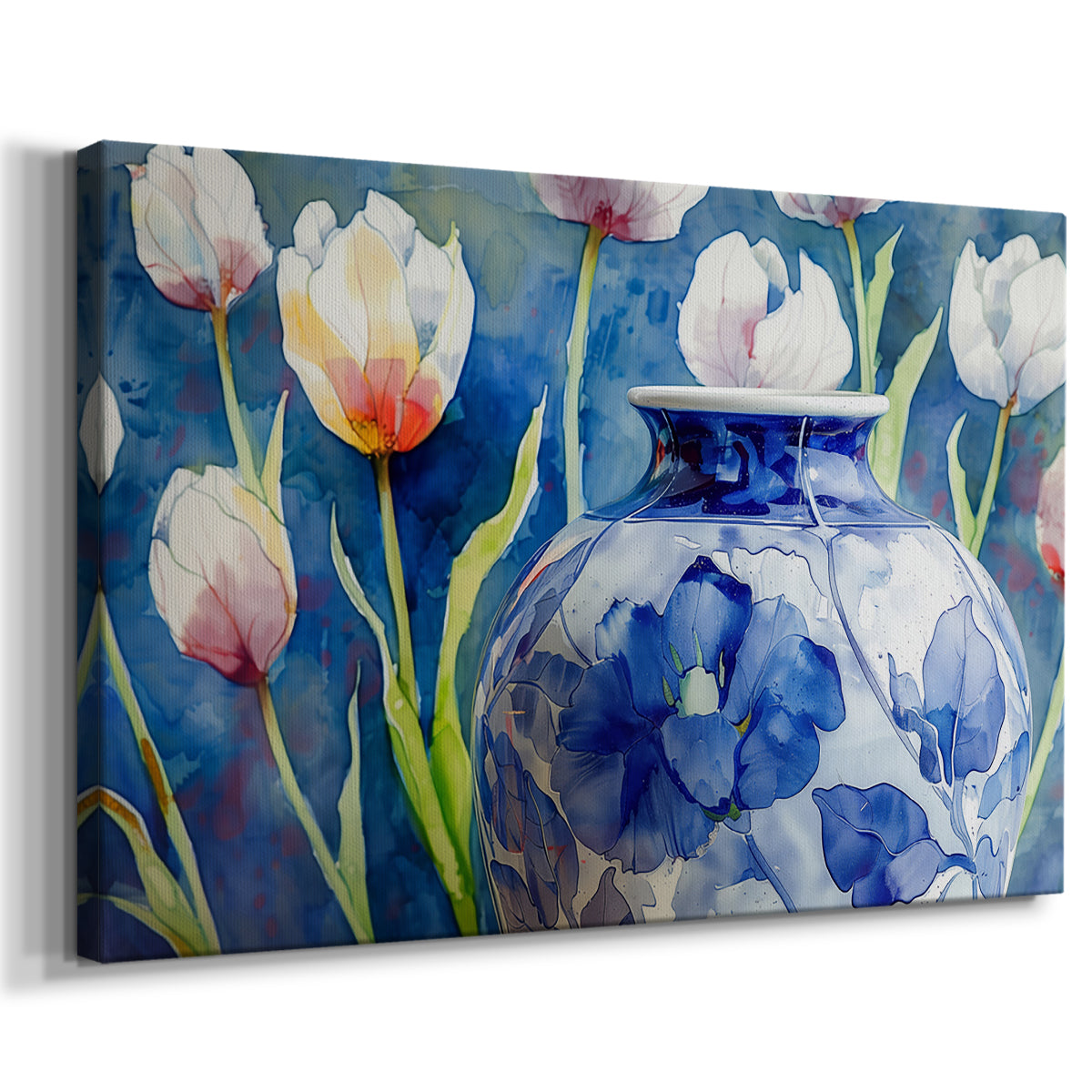 vase,porcelain,floral,watercolor,tulips,blue,art,decoration,background,design,home,creative,nature,colors,artisan,handcrafted,still life,aesthetics,flowers,interior,craftsmanship,botanical,elegance,beauty,showcase,ornament,artistry,floral patterns,vivid,sophisticated,contemporary,tradition,visual art,arrangement,exhibit,collection