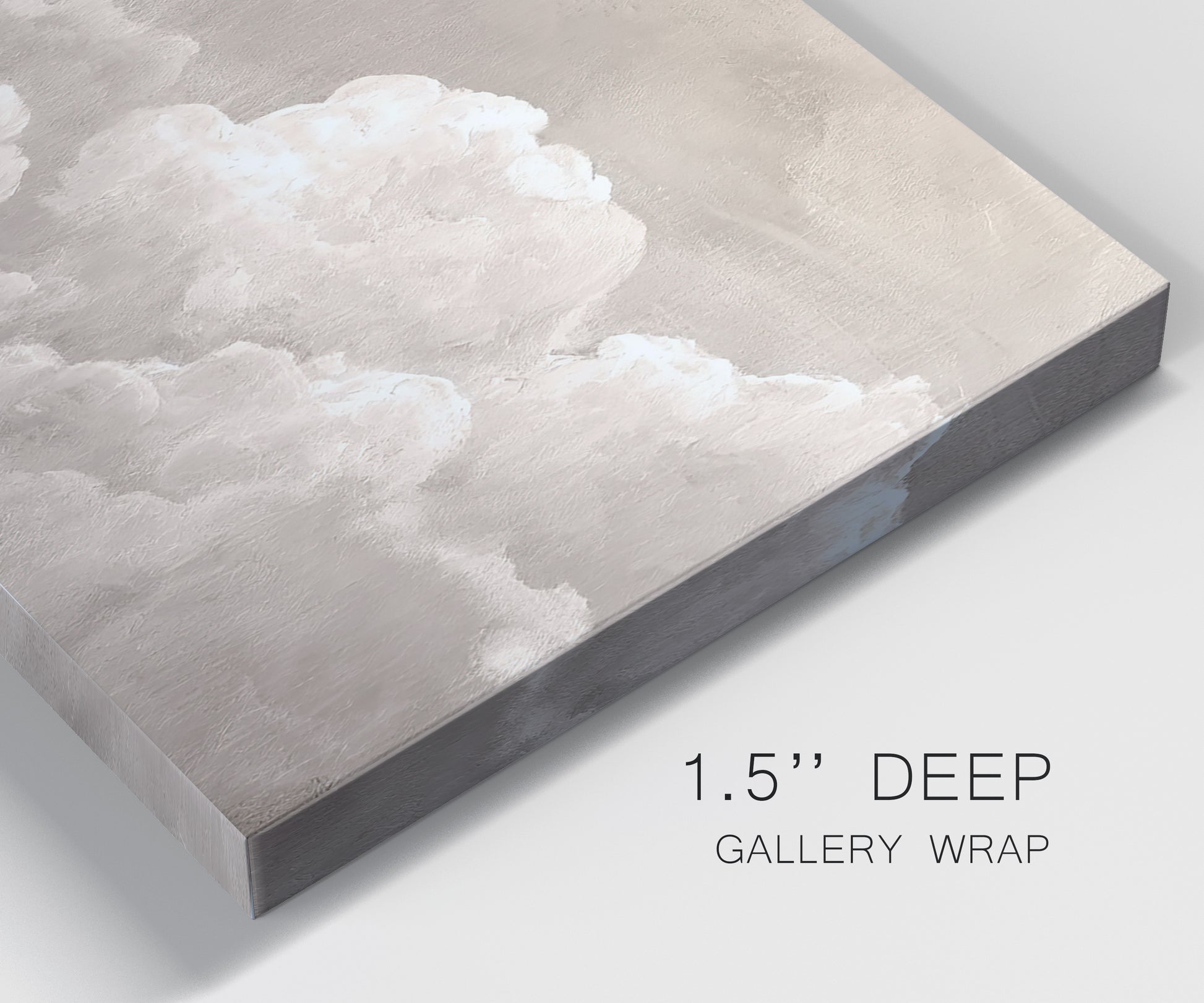 Close-up view of wrapped canvas corner featuring soft whimsical cloudscape.