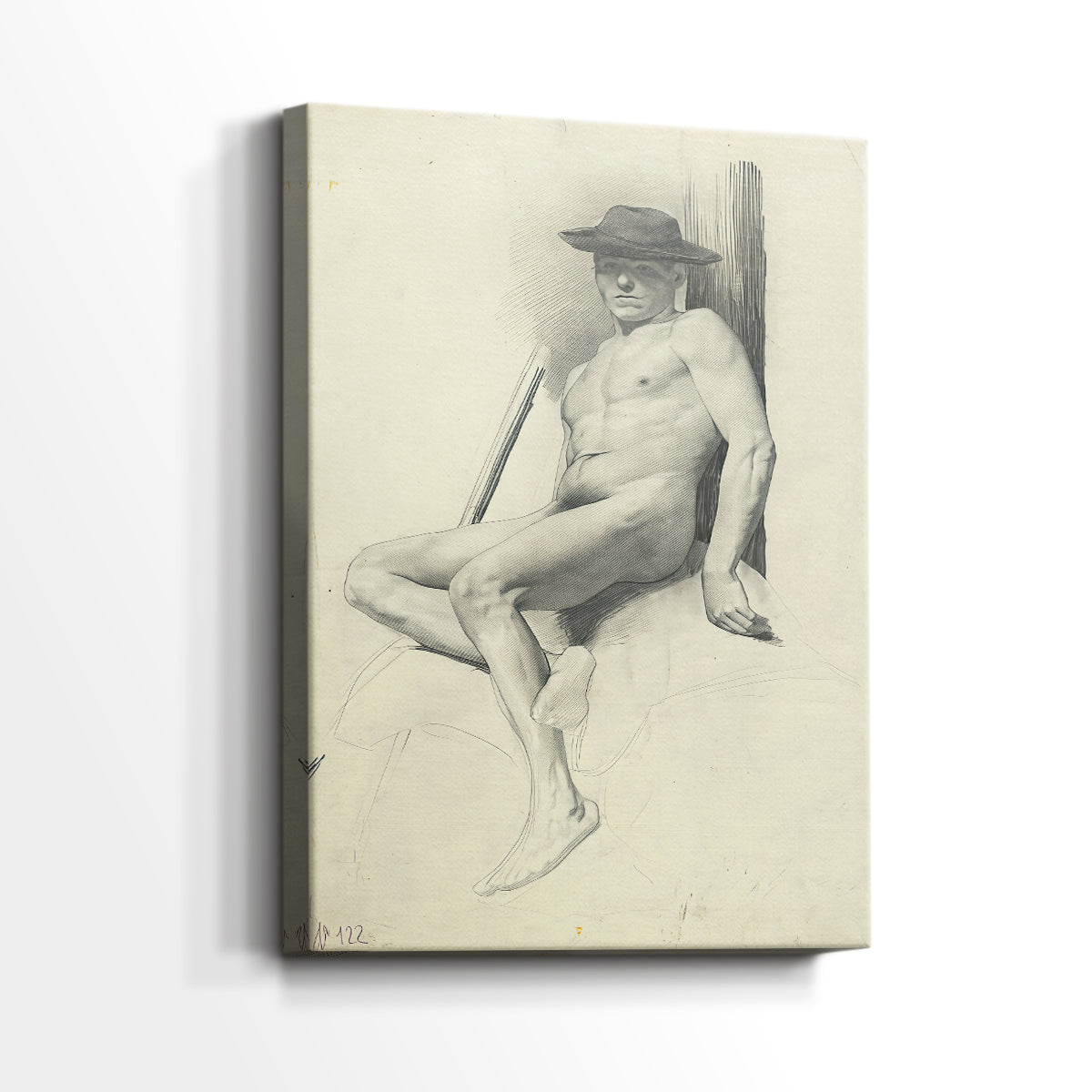 Side view of a canvas art print of a sketch of a nude male figure with casual posture, showing gallery-wrapped depth.