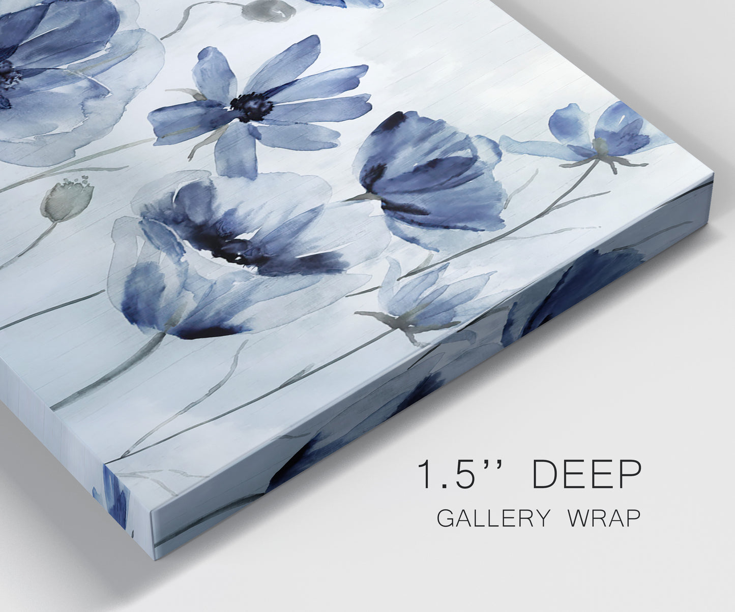 Close-up view of wrapped canvas corner featuring indigo floral blossoms awakening.