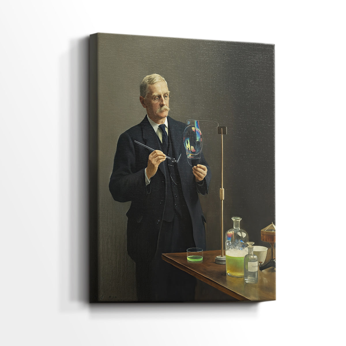 Side view of a canvas art print of a refined portrait with minimal background and detail, showing gallery-wrapped depth.