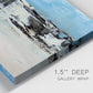 Close-up view of wrapped canvas corner featuring abstract bridge landscape in cyan.