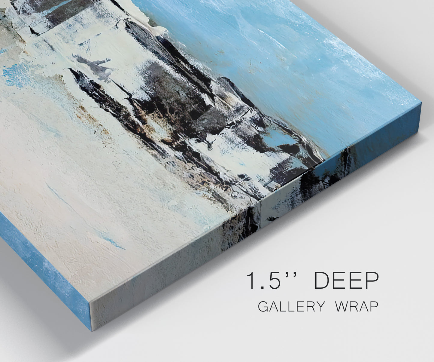 Close-up view of wrapped canvas corner featuring abstract bridge landscape in cyan.