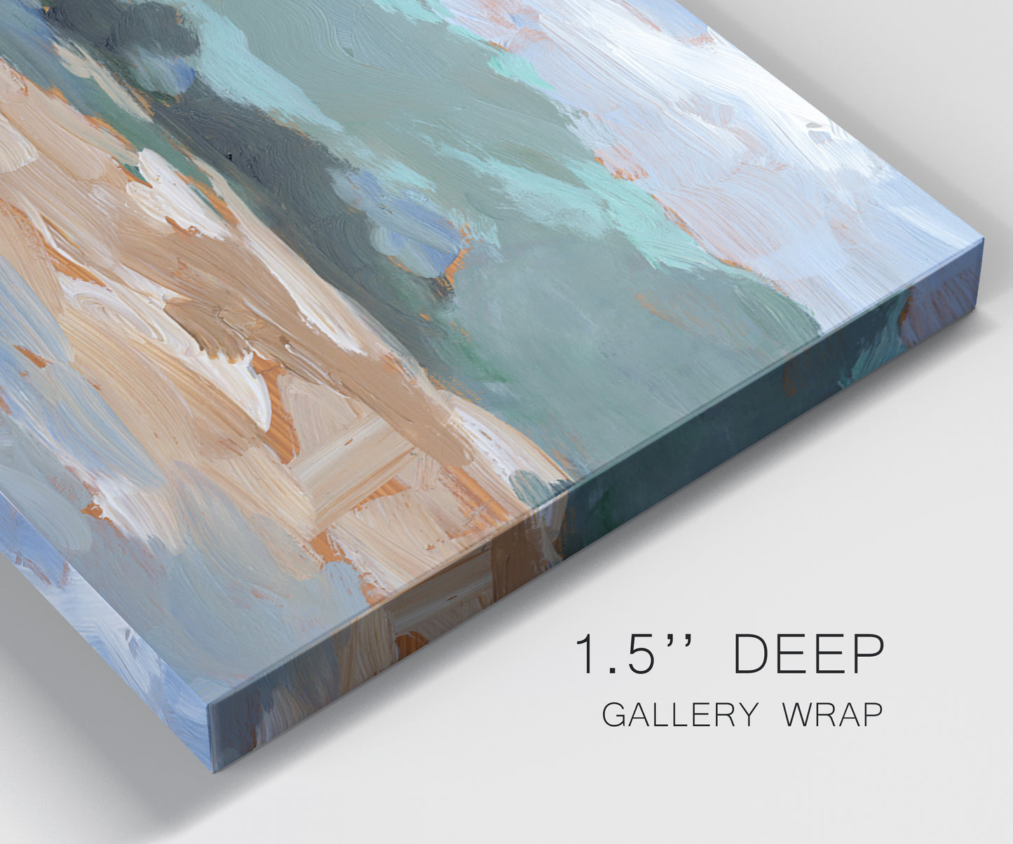 Close-up view of wrapped canvas corner featuring abstract landscape composition study.