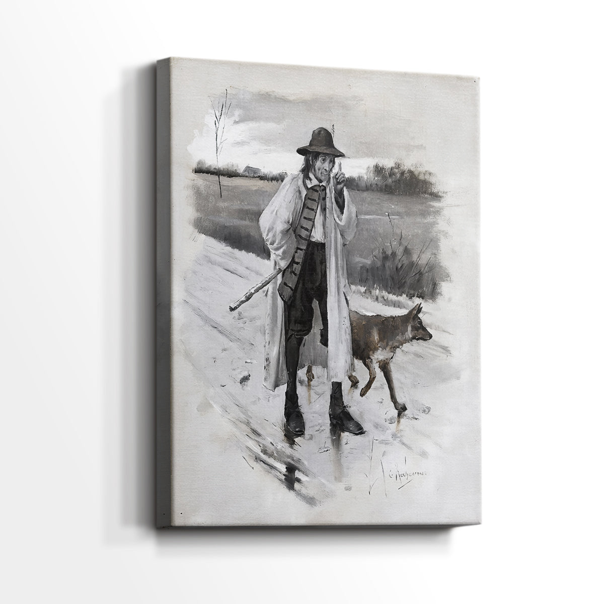 Side view of a canvas art print of a stylized figure with strong contrast and narrative tone, showing gallery-wrapped depth.