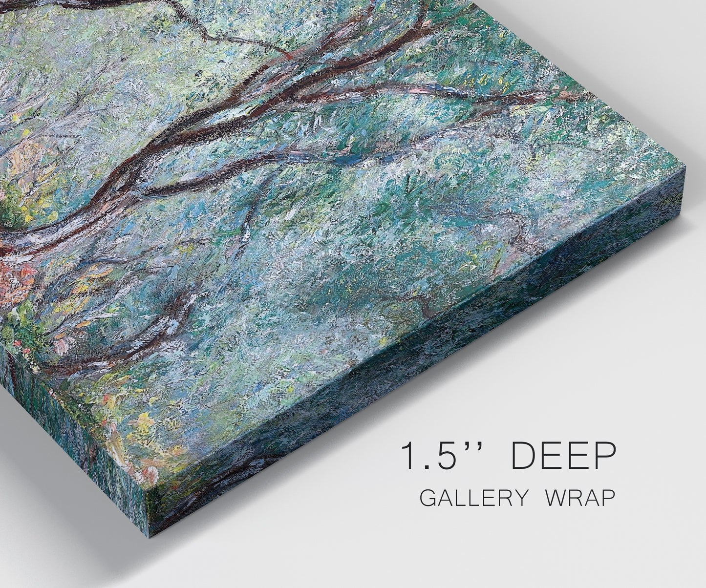 Close-up view of wrapped canvas corner featuring olive trees in sunlit garden.