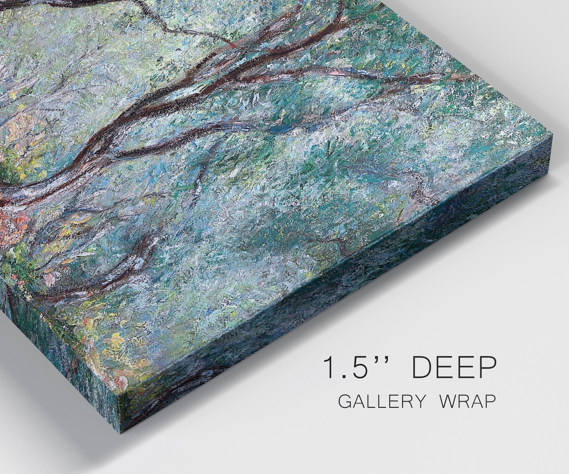 Close-up view of wrapped canvas corner featuring olive trees in sunlit garden.
