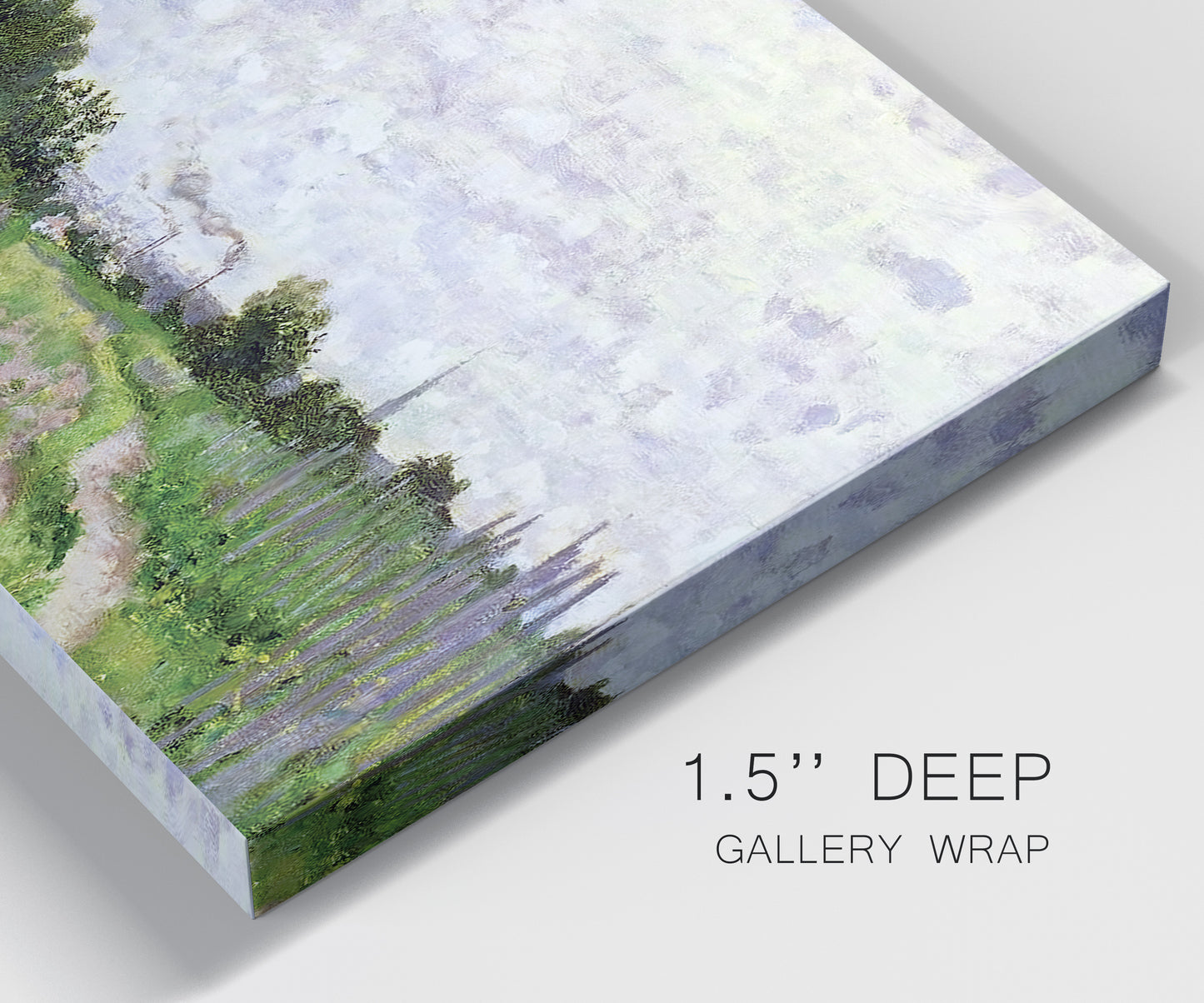 Close-up view of wrapped canvas corner featuring spring landscape with blossoming trees.