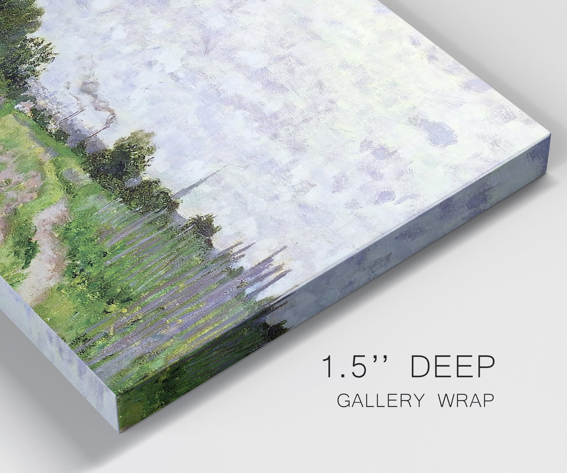Close-up view of wrapped canvas corner featuring spring landscape with blossoming trees.