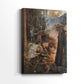 Side view of a canvas art print of a heroic myth scene with figures crafting an object amid sparks and fire, showing gallery-wrapped depth.