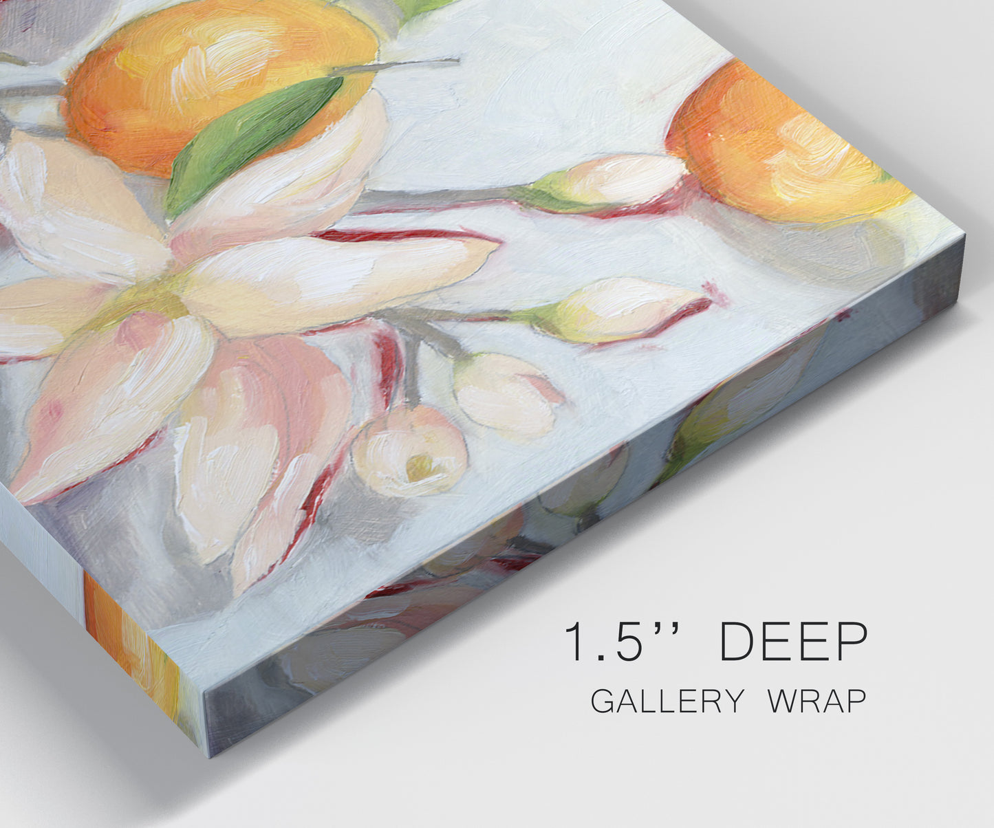 Close-up view of wrapped canvas corner featuring bright tangerine still life blossoms.