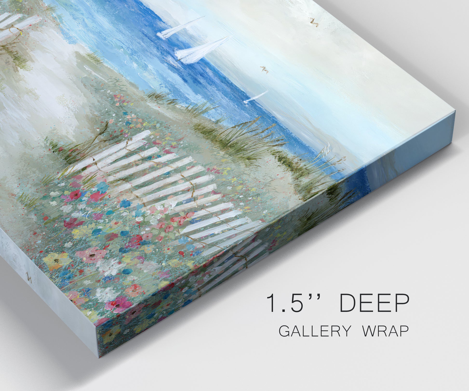 Close-up view of wrapped canvas corner featuring lush coastal garden landscape.