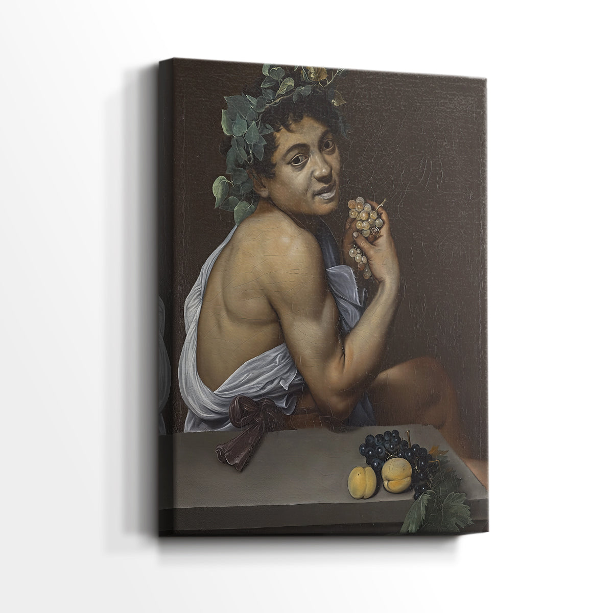 Side view of a canvas art print of a classical portrait with rich tones and realistic detail, showing gallery-wrapped depth.