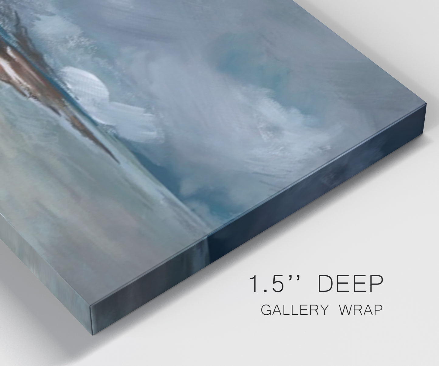 Close-up view of wrapped canvas corner featuring stormy sea glass toned coastline.