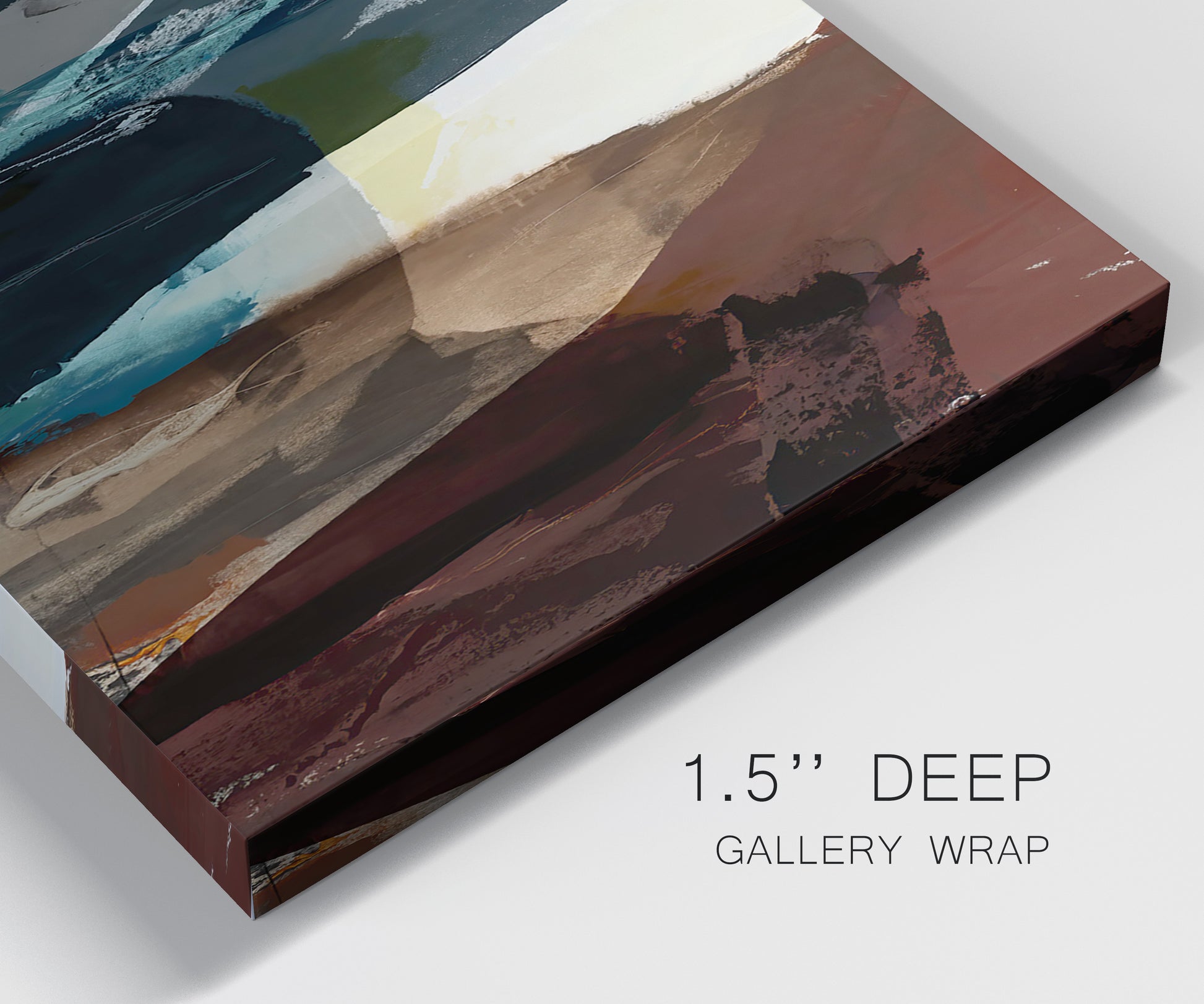 Close-up view of wrapped canvas corner featuring layered neutral abstract textures.