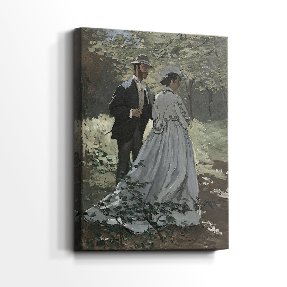 Side view of a canvas art print of a calm outdoor scene with figures in relaxed poses, showing gallery-wrapped depth.