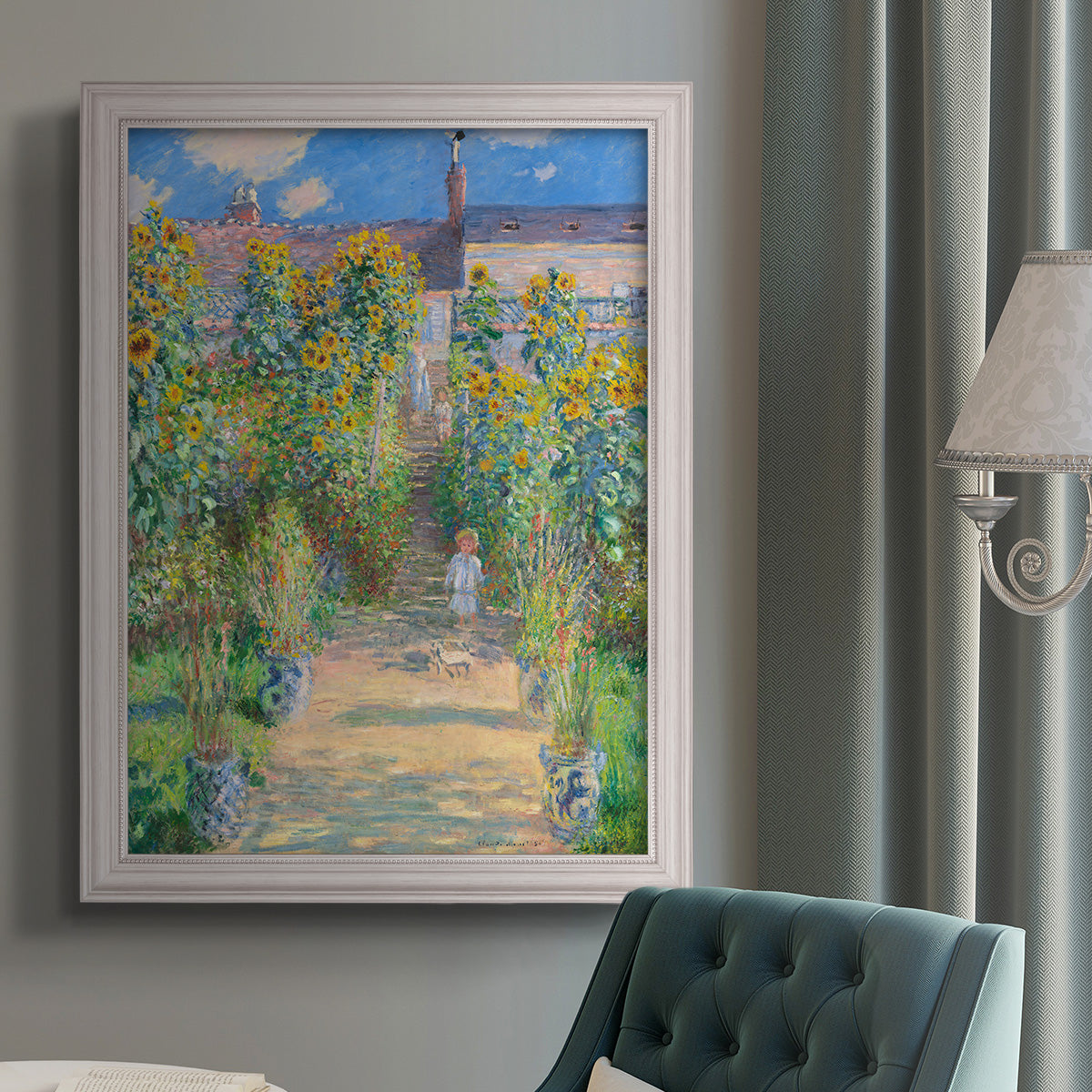 Impressionist garden landscape painting by Claude Monet in an {frame_style_descriptor} displayed in a neutral interior setting.