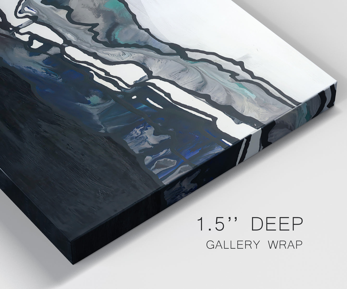 Close-up view of wrapped canvas corner featuring abstract passage of time composition.