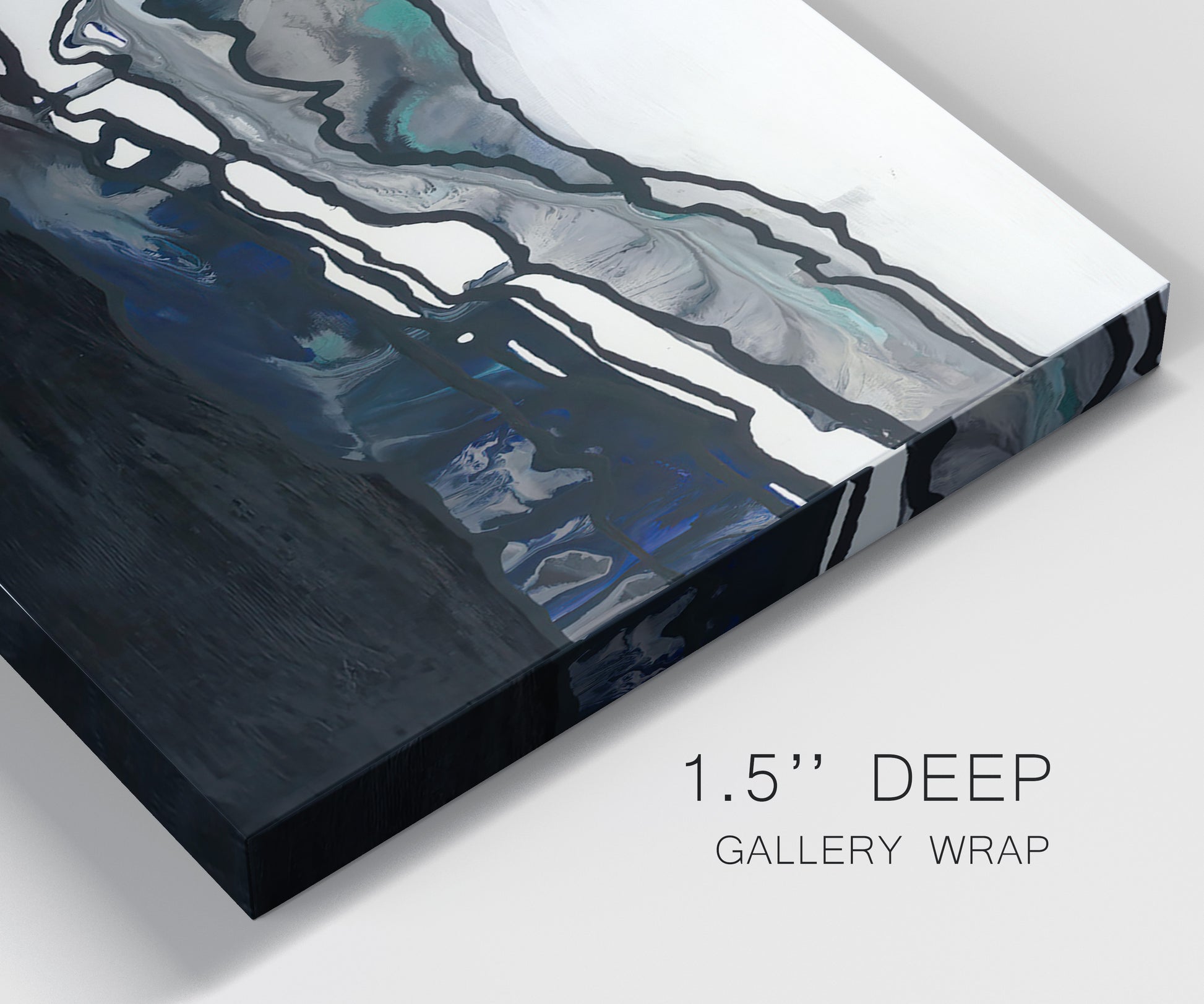 Close-up view of wrapped canvas corner featuring abstract passage of time composition.