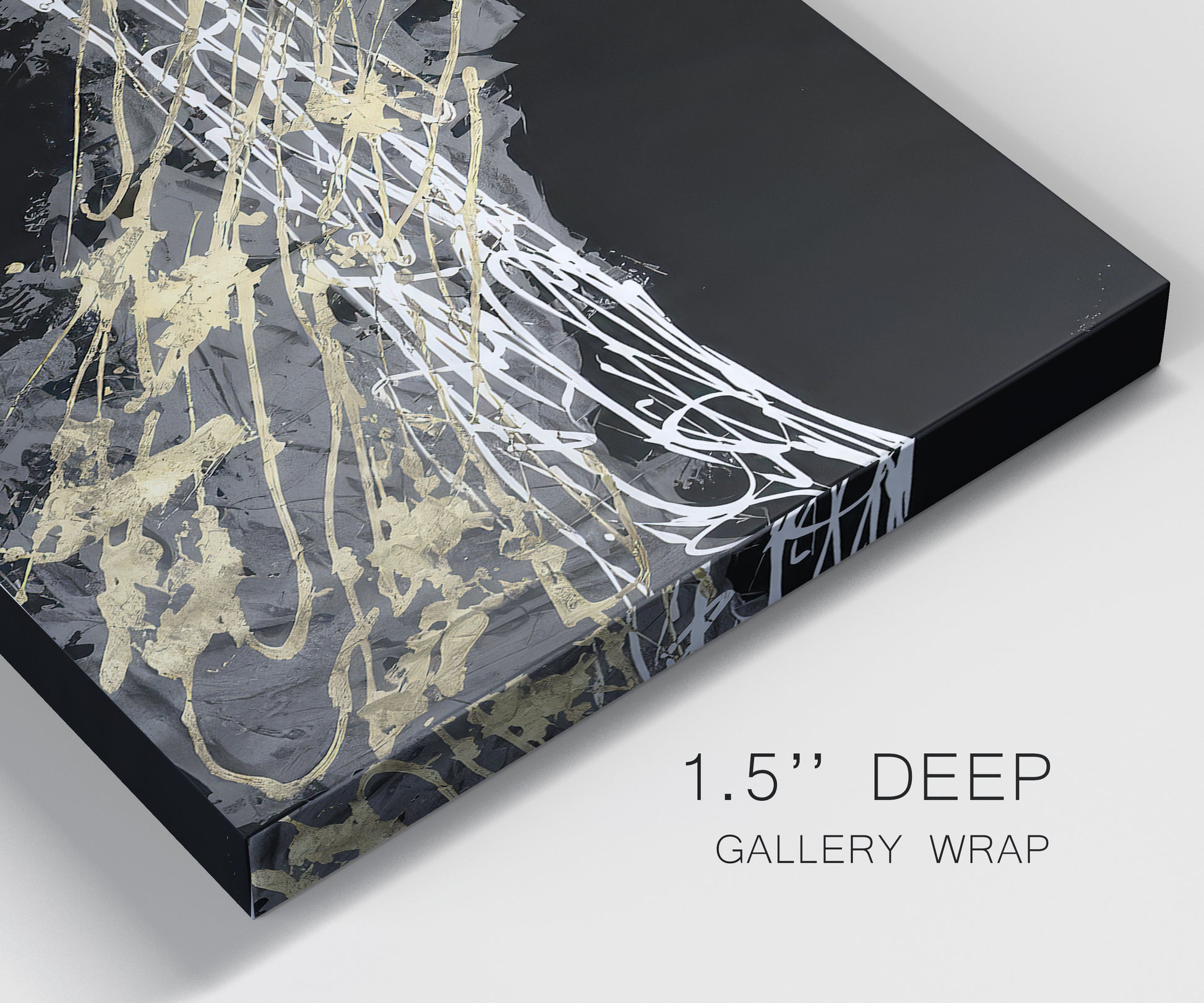 Close-up view of wrapped canvas corner featuring .