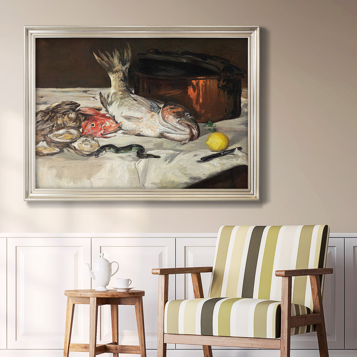 Impressionist still life painting of fish by Édouard Manet in an ornate champagne frame displayed in a light-toned interior setting.