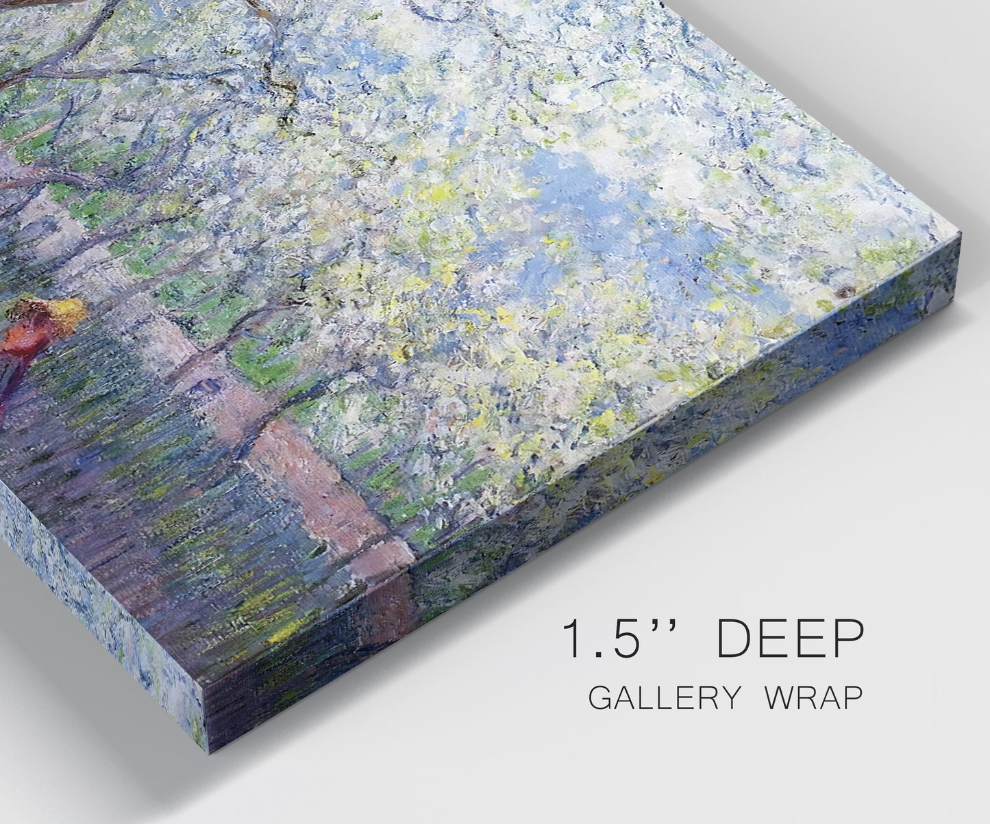 Close-up view of wrapped canvas corner featuring fresh spring countryside landscape.