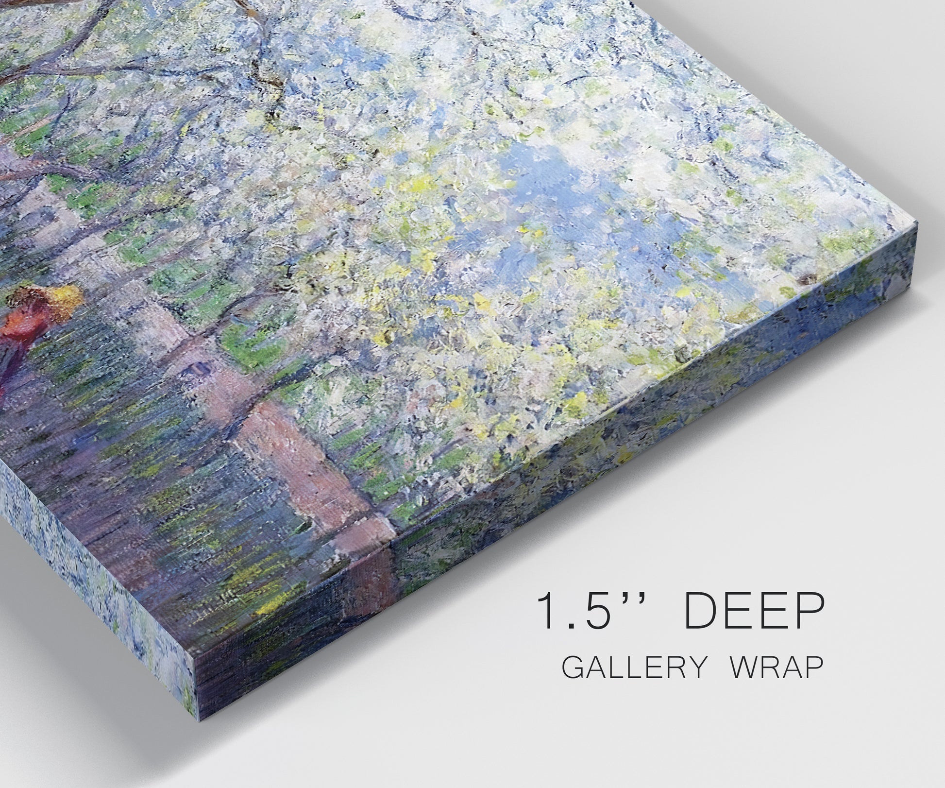 Close-up view of wrapped canvas corner featuring fresh spring countryside landscape.