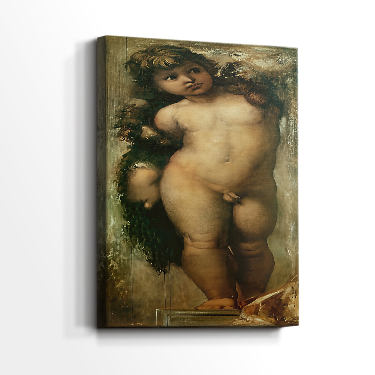 Side view of a canvas art print of a decorative figure with smooth detail and light color, showing gallery-wrapped depth.