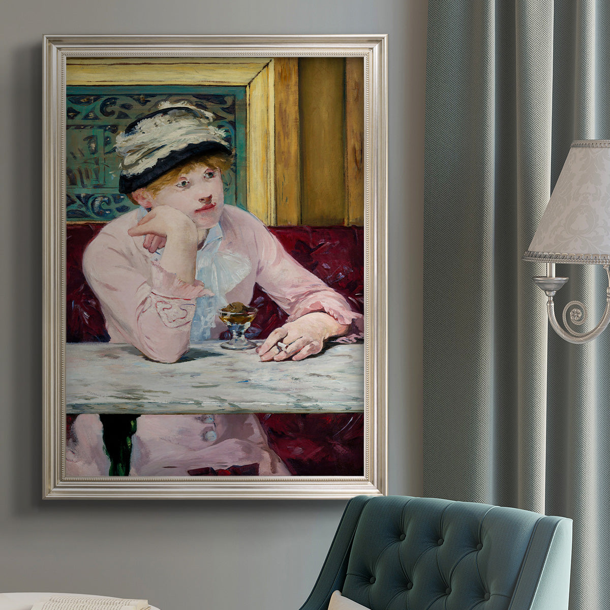 Impressionist portrait scene with plum brandy by Édouard Manet in an {frame_style_descriptor} displayed in a neutral interior setting.