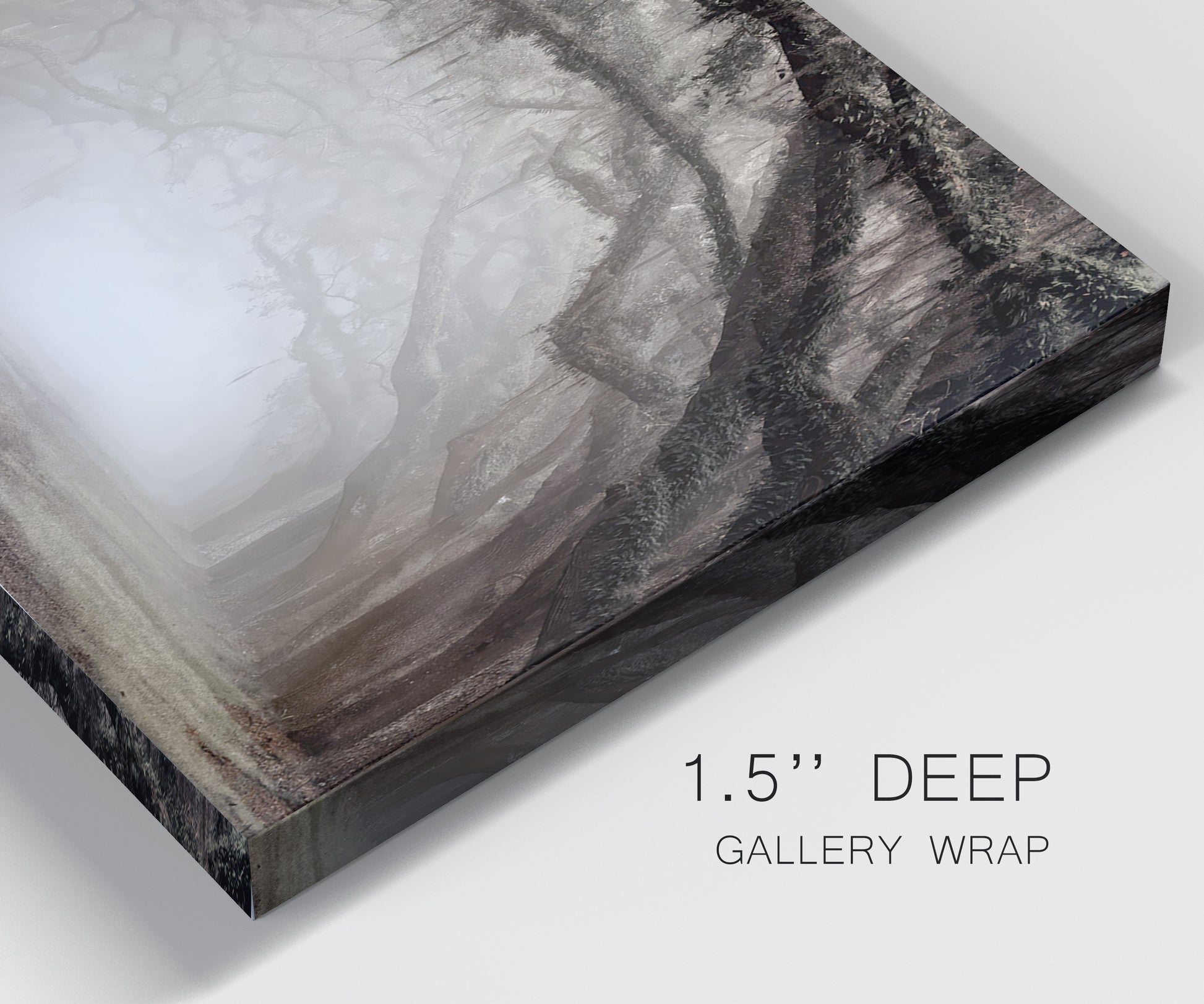 Close-up view of wrapped canvas corner featuring tree lined plantation road.