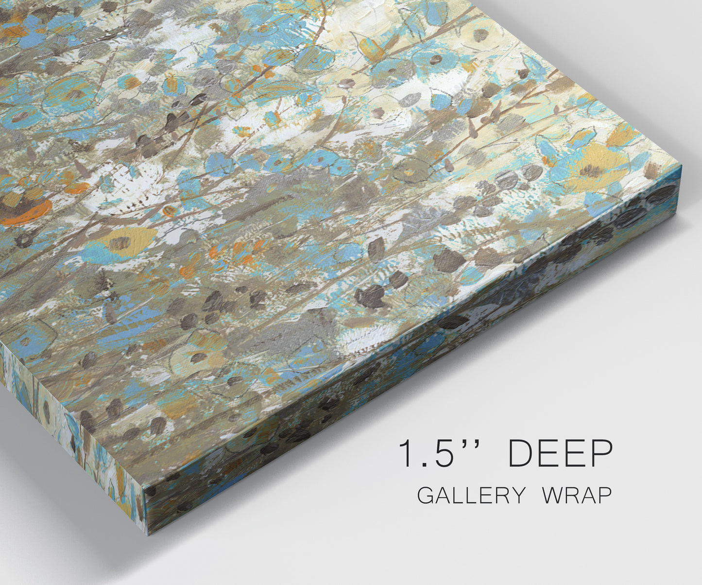 Close-up view of wrapped canvas corner featuring abstract flowering vine pattern.