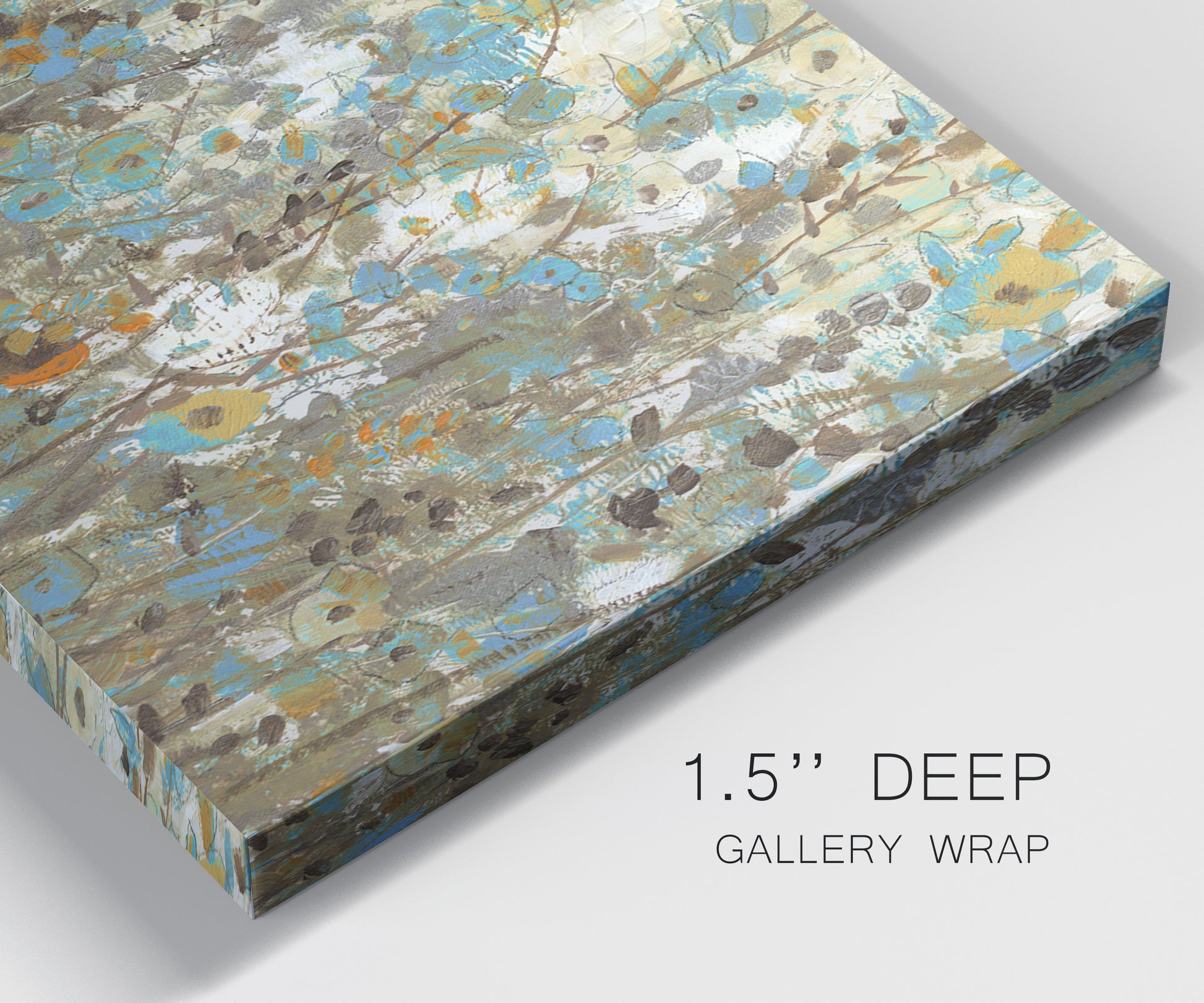 Close-up view of wrapped canvas corner featuring abstract flowering vine pattern.