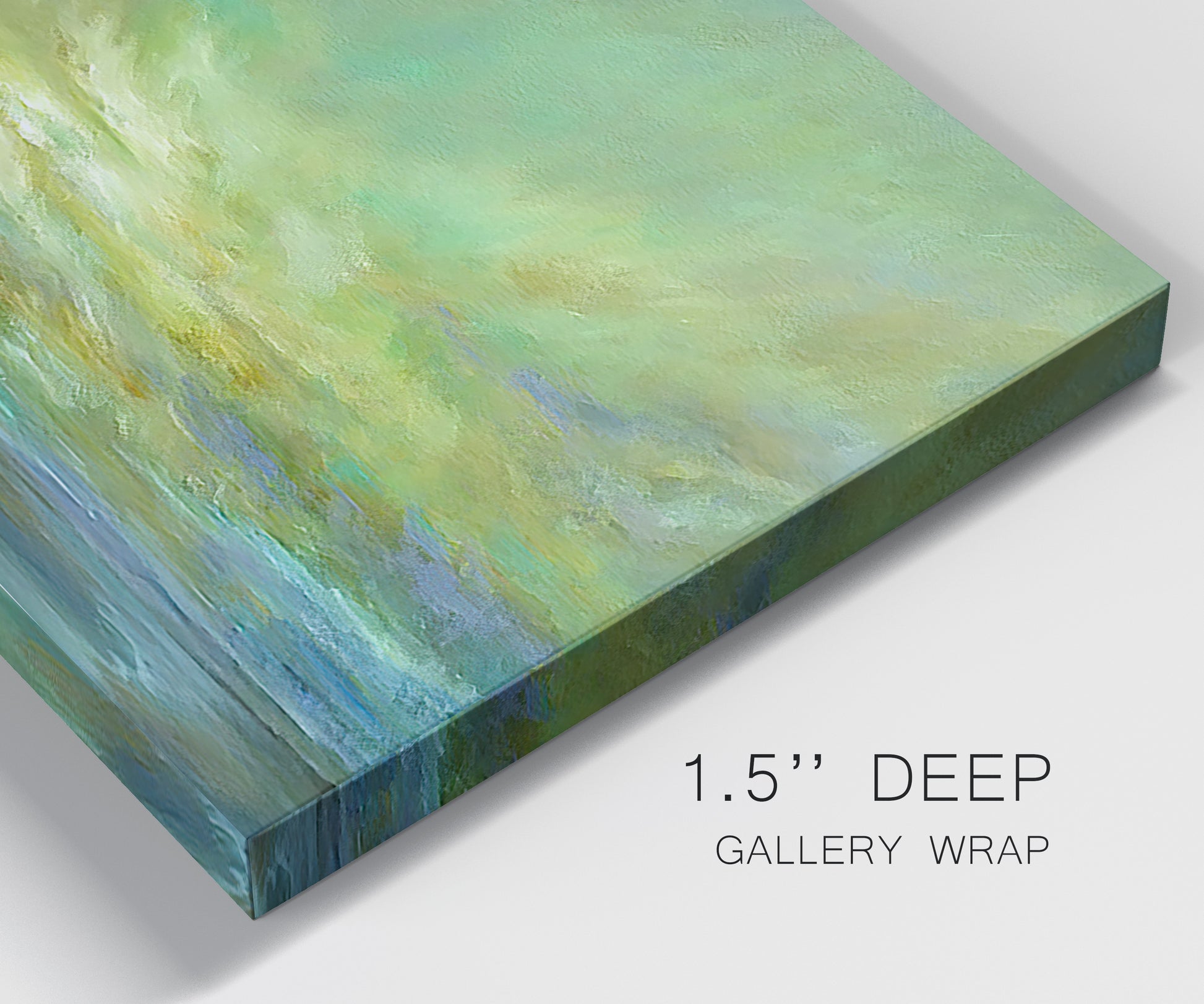 Close-up view of wrapped canvas corner featuring coastal shoreline under open sky.
