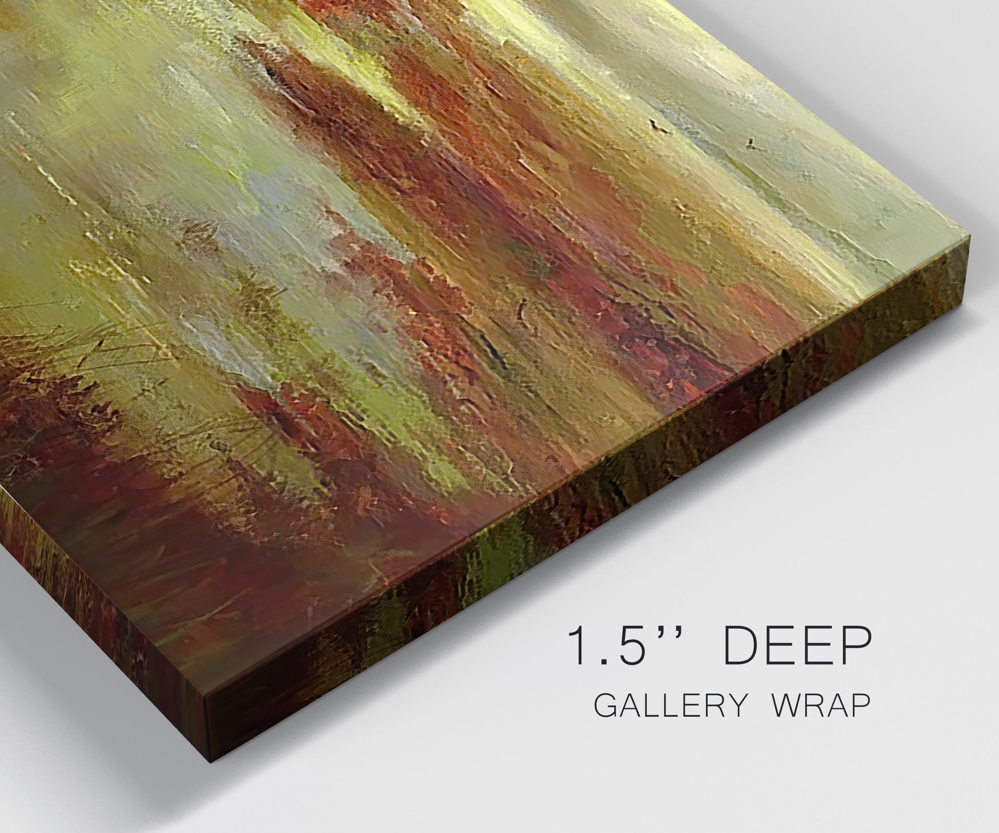 Close-up view of wrapped canvas corner featuring coastal shoreline with warm light.