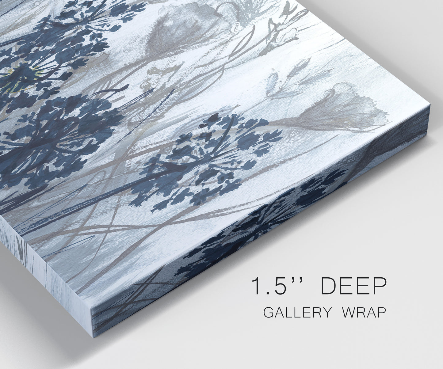 Close-up view of wrapped canvas corner featuring indigo floral abstraction.