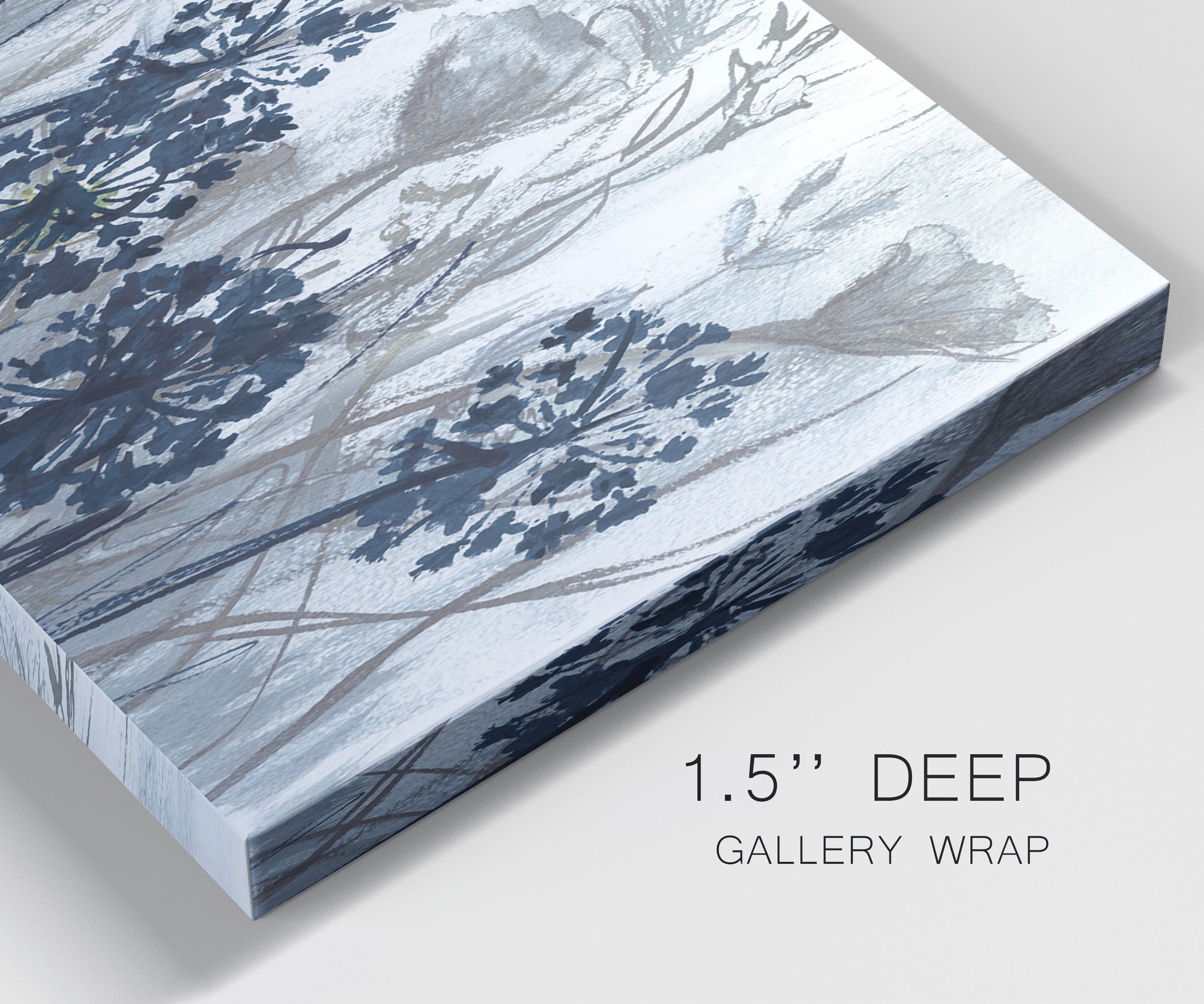 Close-up view of wrapped canvas corner featuring indigo floral abstraction.