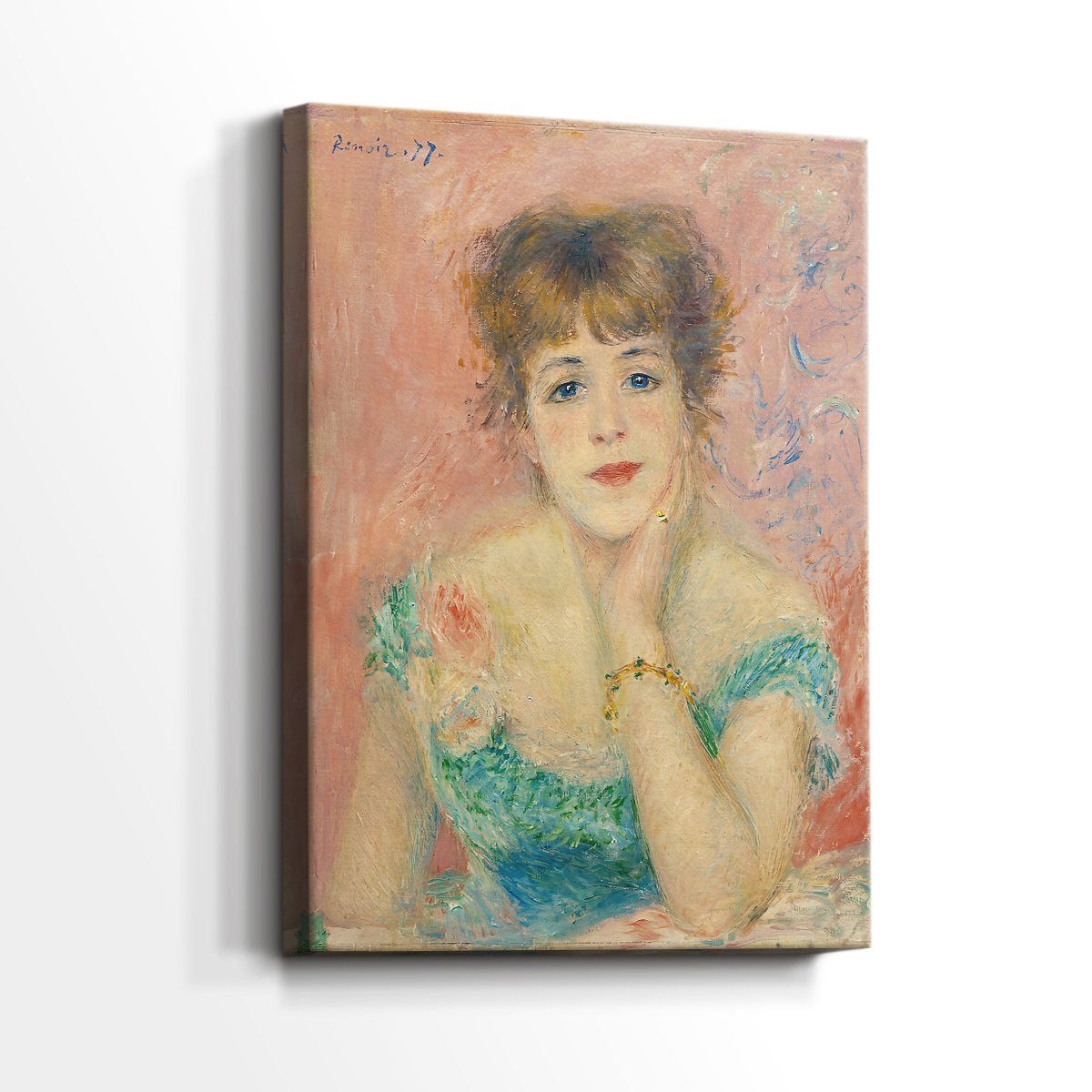 Side view of a canvas art print of a figure with warm tones and animated presence, showing gallery-wrapped depth.