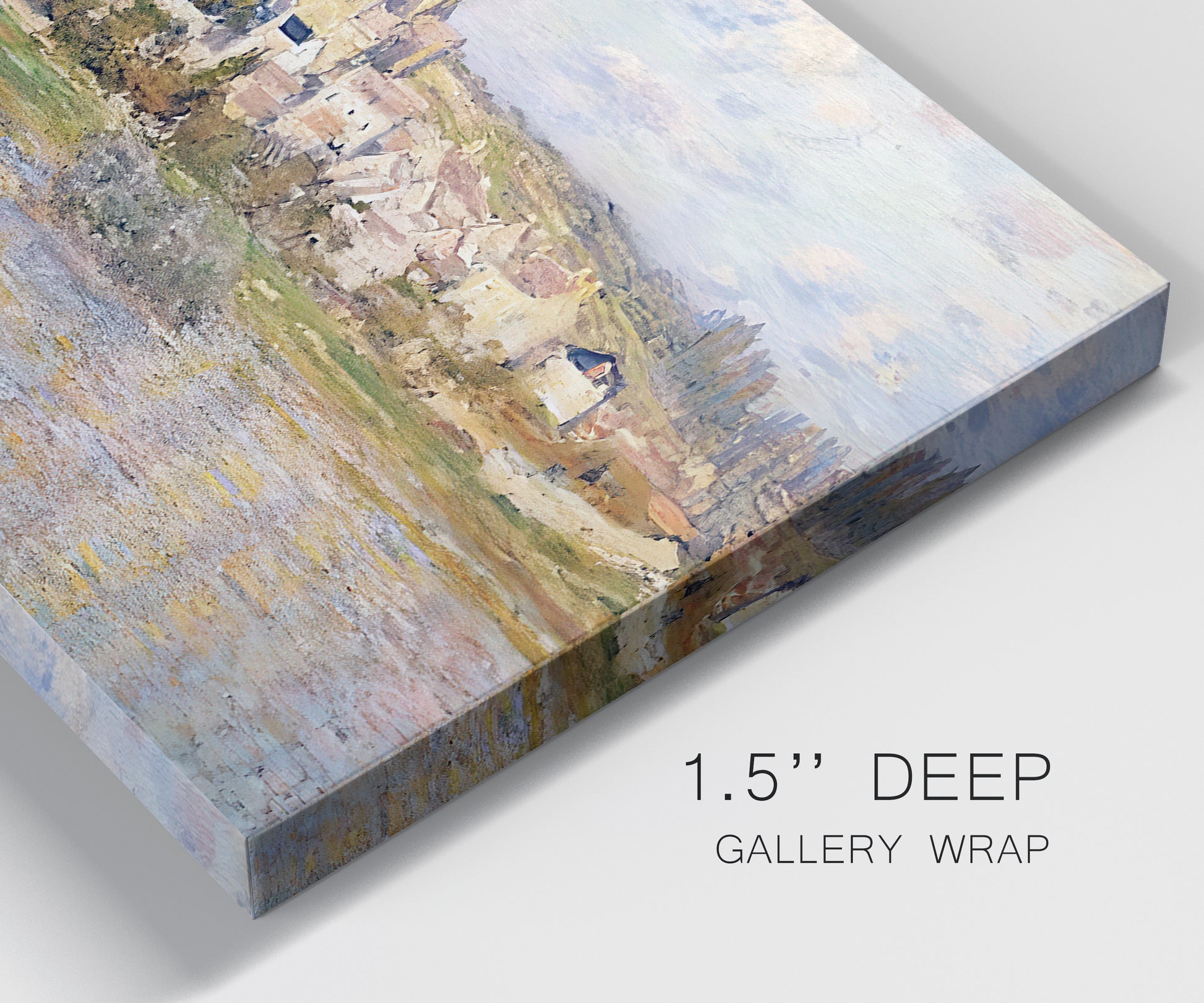 Close-up view of wrapped canvas corner featuring village overlooking river valley.