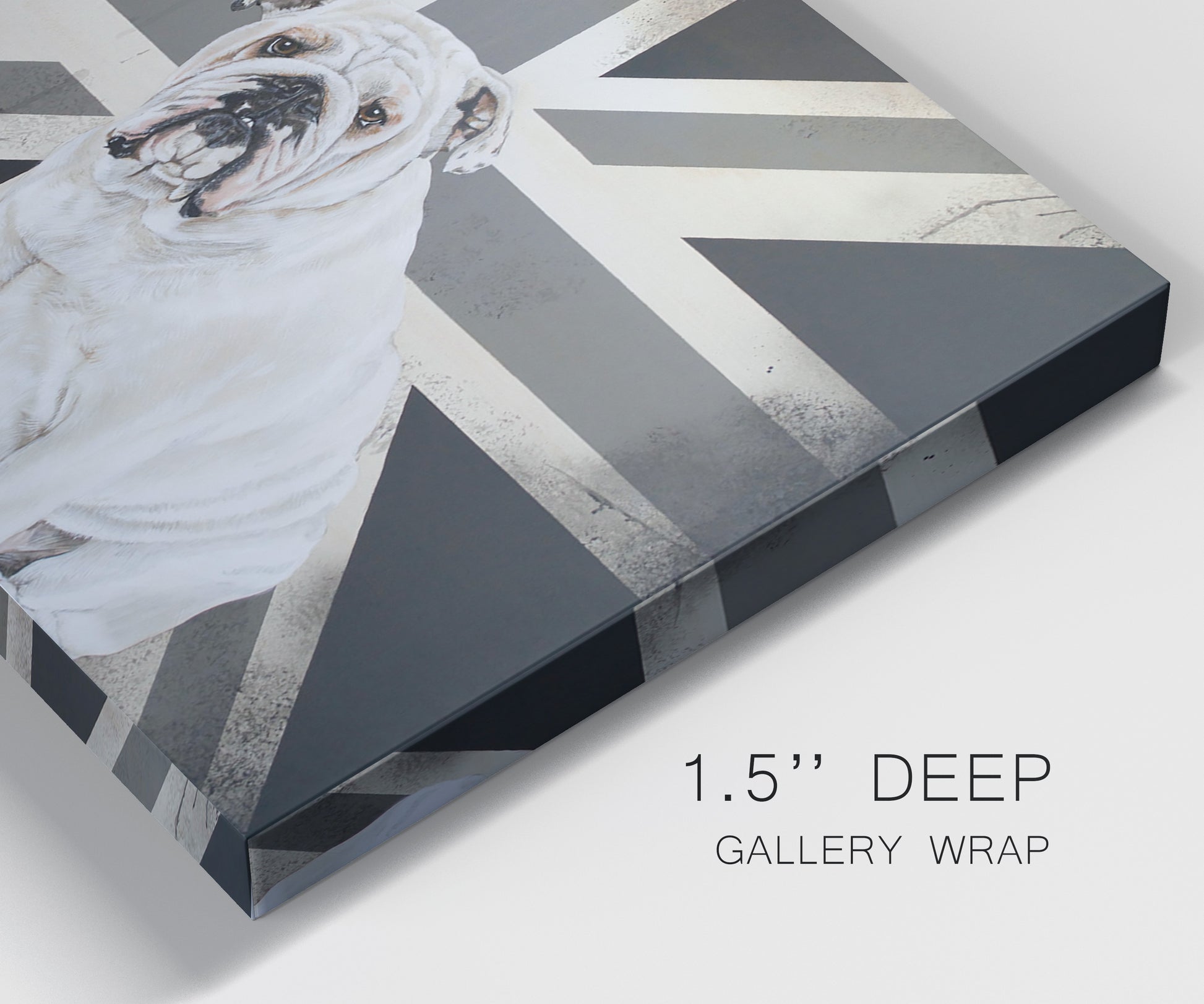 Close-up view of wrapped canvas corner featuring black and white animal collage.