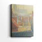 Side view of a canvas art print of a bright composition with buildings and layered color points, showing gallery-wrapped depth.