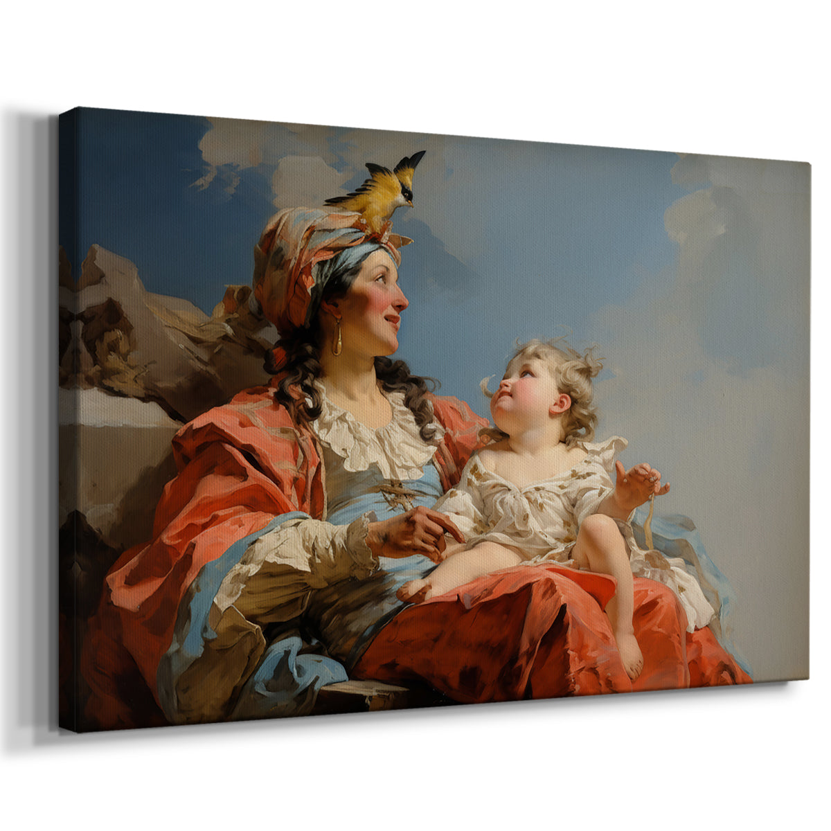 mother,child,tenderness,love,bird,landscape,colorful attire,serene,family,nature,portrait,joy,affection,sky,innocence,happiness,connection,beauty,warmth,maternal bond,outdoor,sweet,gazing,playful,art,vintage,sitting,care,cheerfulness,resting,close-up,expression,interaction,tranquility,charming,uplifting,heartwarming,peaceful,childhood,nurturing,scenery,harmony