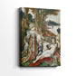 Side view of a canvas art print of a rich scene with figures and fantasy creatures, showing gallery-wrapped depth.